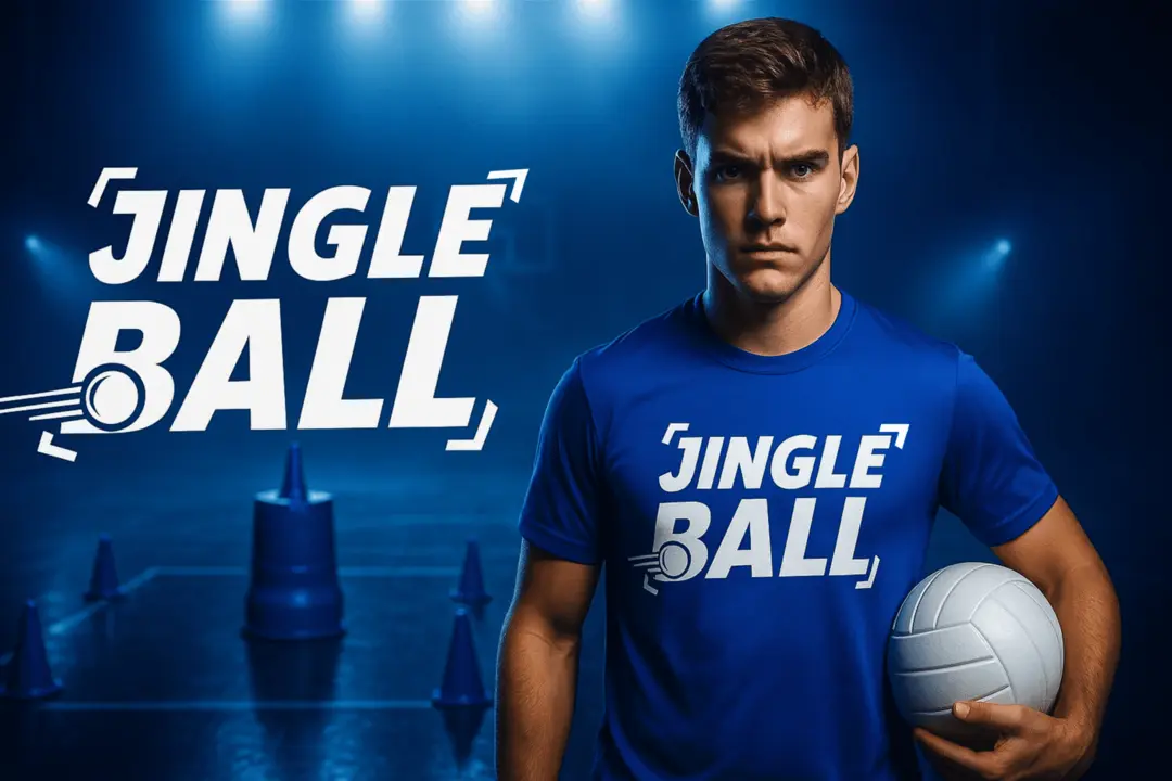 A person in a blue "JINGLE BALL" shirt holds a volleyball, standing in a dramatic, dimly lit sports environment.