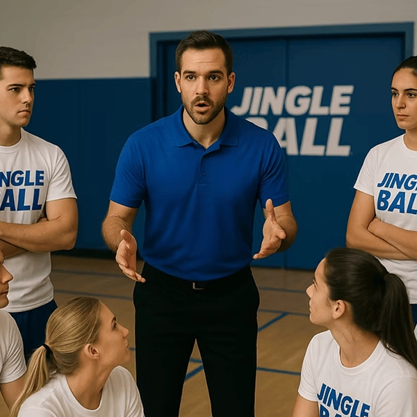 A man addresses a group of people in a gym setting, engaging them in conversation and discussion