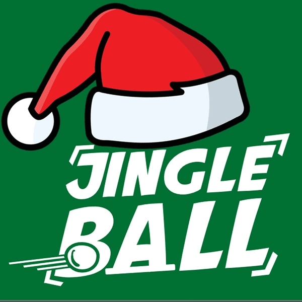 Jingle Ball logo adorned with a festive Santa hat, symbolizing holiday cheer and celebration