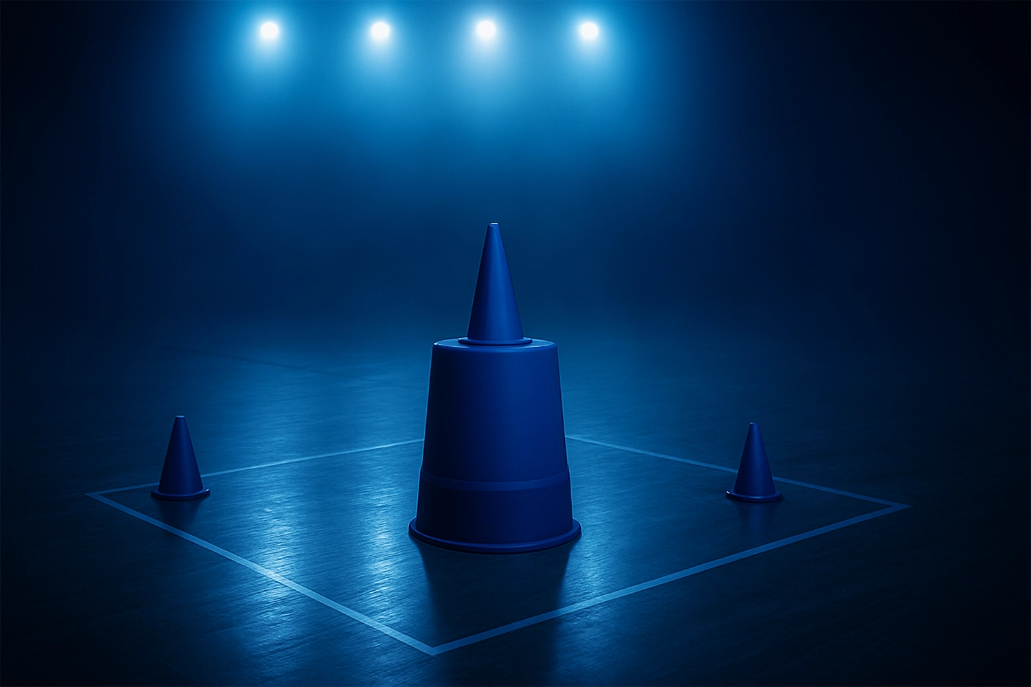 A dark stage features three blue cones, illuminated by overhead lights, inside a marked square on the floor.