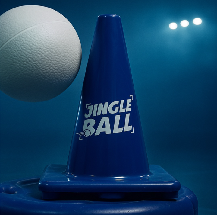 A blue traffic cone with "JINGLE BALL" printed on it, next to a white ball, against a dark blue background.